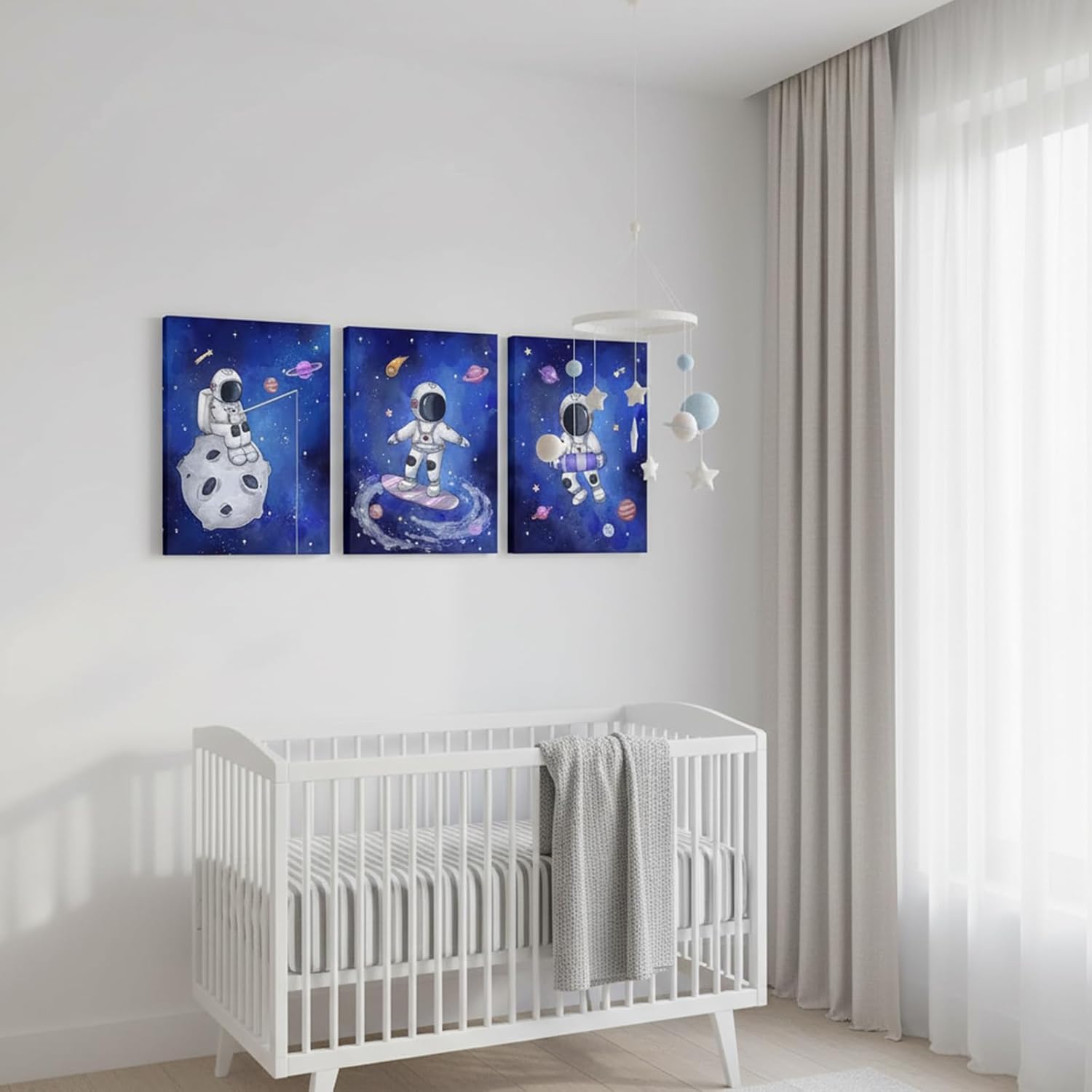 FuShvre Astronaut Picture Wall Art Outer Space Canvas Paintings Blue Cute Funny Bedroom Bathroom Wall Decor Framed 12x16 inches each