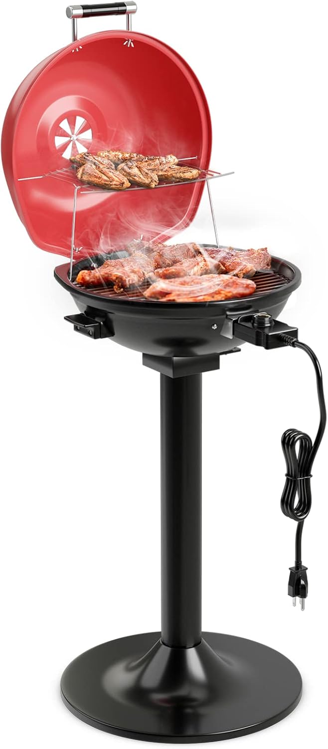 Giantex Electric BBQ Grill 1600W, Removable Non-Stick Grill Rack, Warming Rack, Oil Drip Tray, Adjustable Temperature, Portable Outdoor Electric Grill for Camping Picnic Tailgating, Red & Black