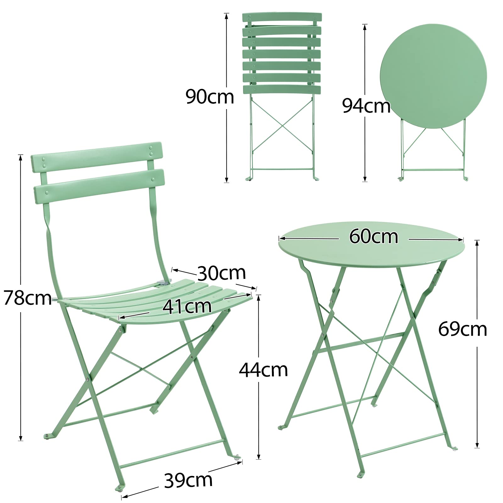 AVAWING - Set da balcone e giardino in 3 pezzi, con tavolino e 2 sedie pieghevoli (verde)