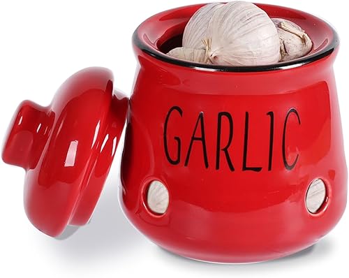 Miniatura 8 de HAOTOP Soporte de ajo con tapa, mini recipiente de cerámica para encimera, mantiene tus dientes de ajo frescos, rojo