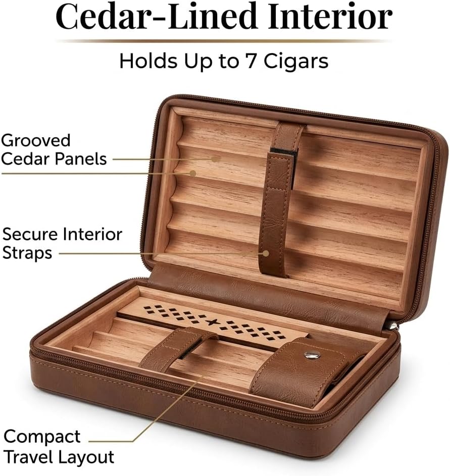 Portable Cigar Humidor Case, 7-Cigar Travel Humidor with Cedar Wood Interior, Brown PU Leather Cigar Case with Humidifier, Zippered Cigar Holder Organizer for Travel, Office, Gifts