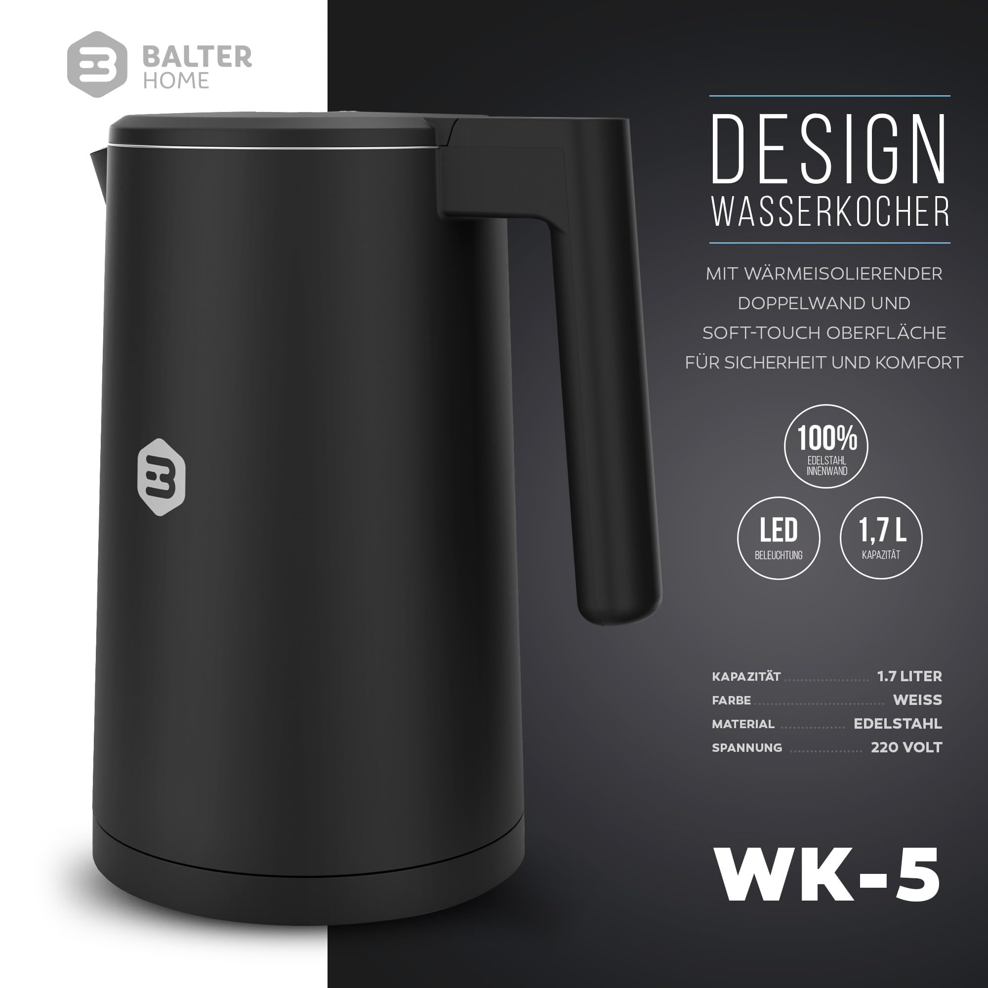 Balter Edelstahl Wasserkocher mit Temperatureinstellung, 40°C-100°C, Doppelwand, BPA frei, 1,7L, Schwarz, WK-5-Touch