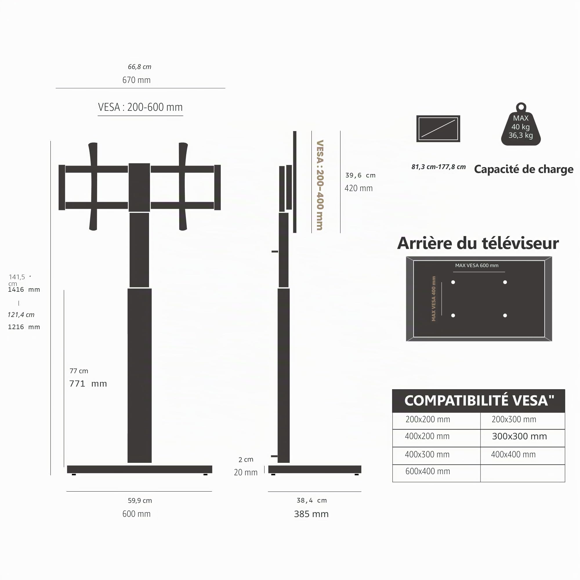 FITUEYES Support TV sur Pied avec Base en Bois, 32-70 Pouces jusqu'à 40 kg
