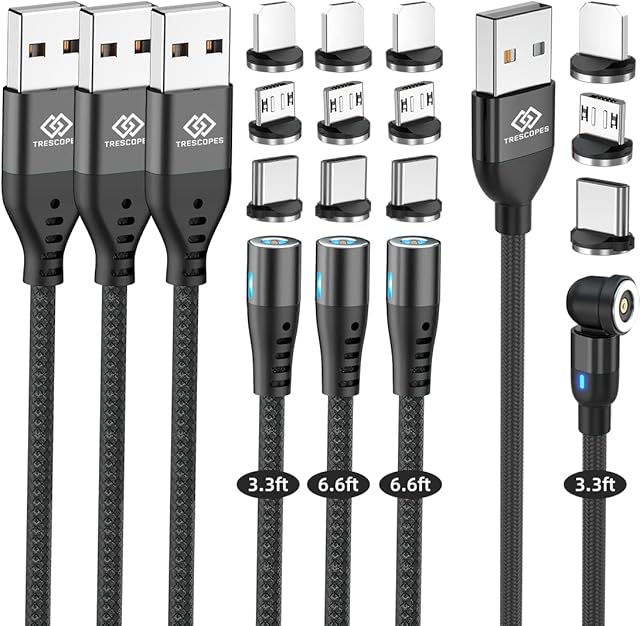 Trescopes Magnetic Charging Cable, (4 Pack - 2x1M, 2x2M), Magnetic Phone Charger Cable, Magnetic Charger, Compatible for charging all Smartphones, Android, Micro USB and Type C Devices, Charging Cable