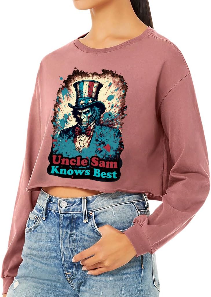 American Graphic Cropped Long Sleeve T-Shirt - Gifts for Wife - Items for Patriotic