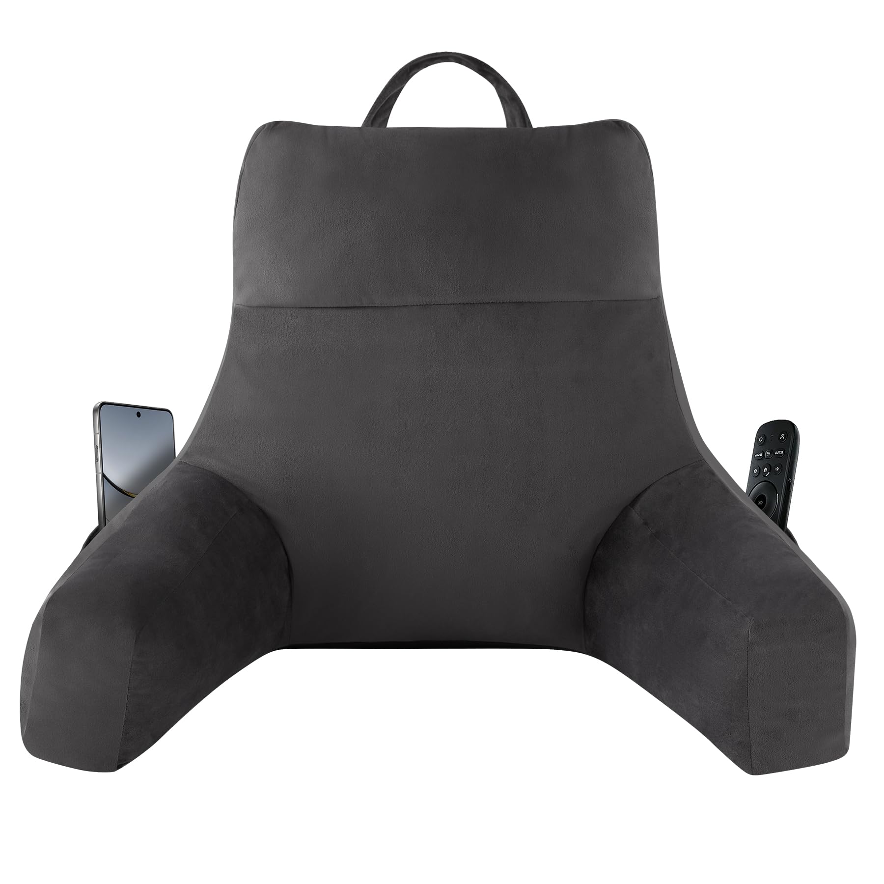 IPYNBAP Reading Pillow with Arms for Adults, Back Pillow for Bed Sitting Up, Shredded Memory Foam Backrest Pillow with Pockets & Removable Washable Cover, Lounging, Watching TV, Reading(20inch Grey)