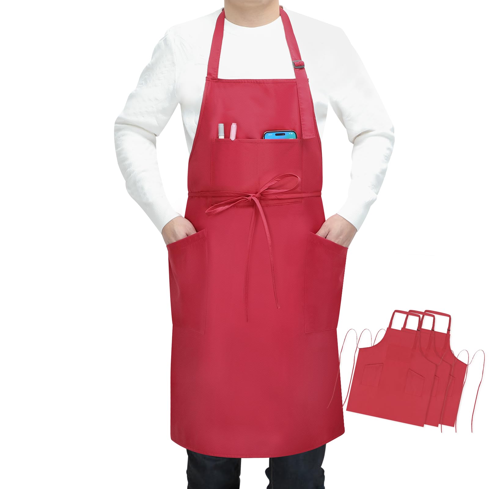 SHEOMERN 3 Pcs Dual Waterproof Oilproof Kitchen Chef Aprons with 4 Pockets for Men Women, Adjustable Soft Anti-Tear Cooking Bib Apron for Baking Grilling BBQ Painting Cleaning (Red)
