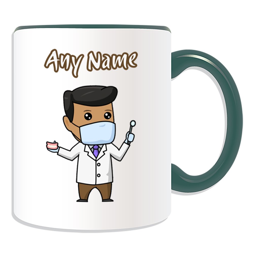 Unigift Men's Green Personalised Gift - Dentist Black Mug (Career Design Theme, Colour Options) - Any Name/Message On Your Unique - Medical Mask Dental Tool White Lab Coat Tooth Practice Asian Occupation