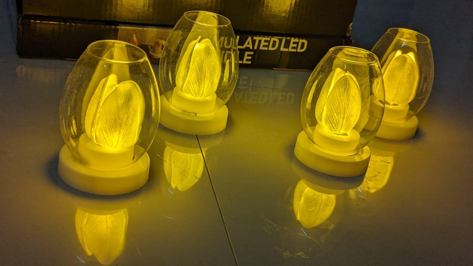 Dwarakesh Enterprises®Pack of 4 pc Creative Cream Tulip Ambient flameless Yellow eled Extreme Bright Simulated Tealight Candles for Party, Functions,Diwali,Christmas