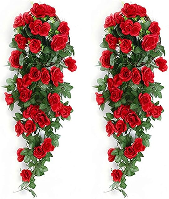 Orumrud Artificial Rose Hanging Vines 2 Packs Plastic Fake Rose Vine Greenery Drooping Plant for Wall Indoor Outside Garden Wedding Hanging Decoration Red