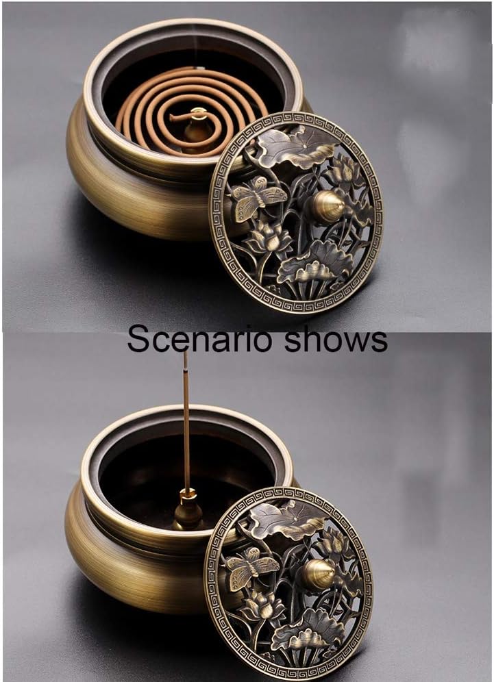 Incense Burner Holder with Cover Incense Stick Holder Copper Alloy Cover Cone Coil Aromatherapy Censer for Home Decoration (Color : Purple Lotus B)