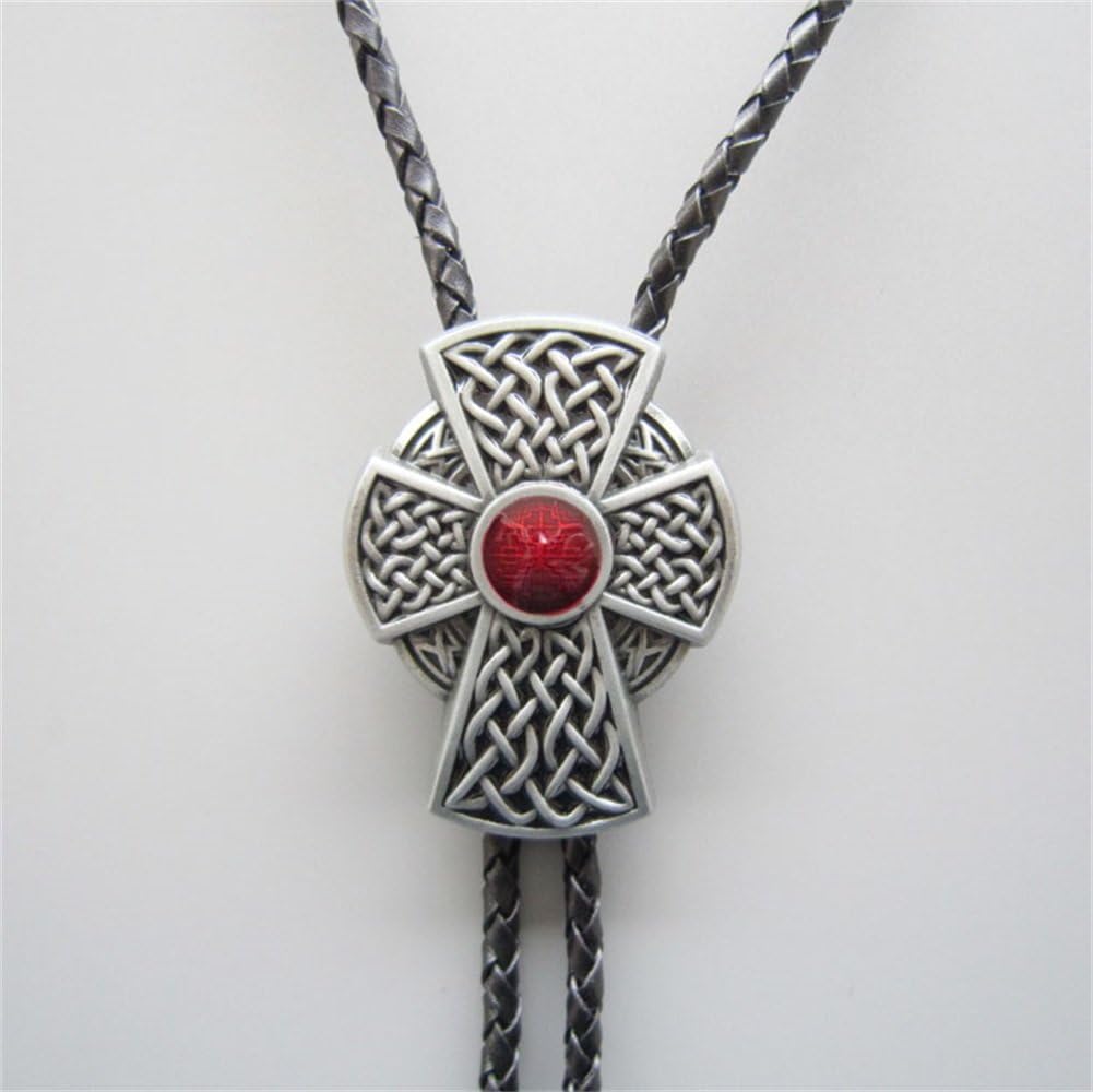 Bolo Tie for Men,Cowboy Necklace,Vintage Style Red Enamel Celtic Cross Knot Bolo Tie Leather