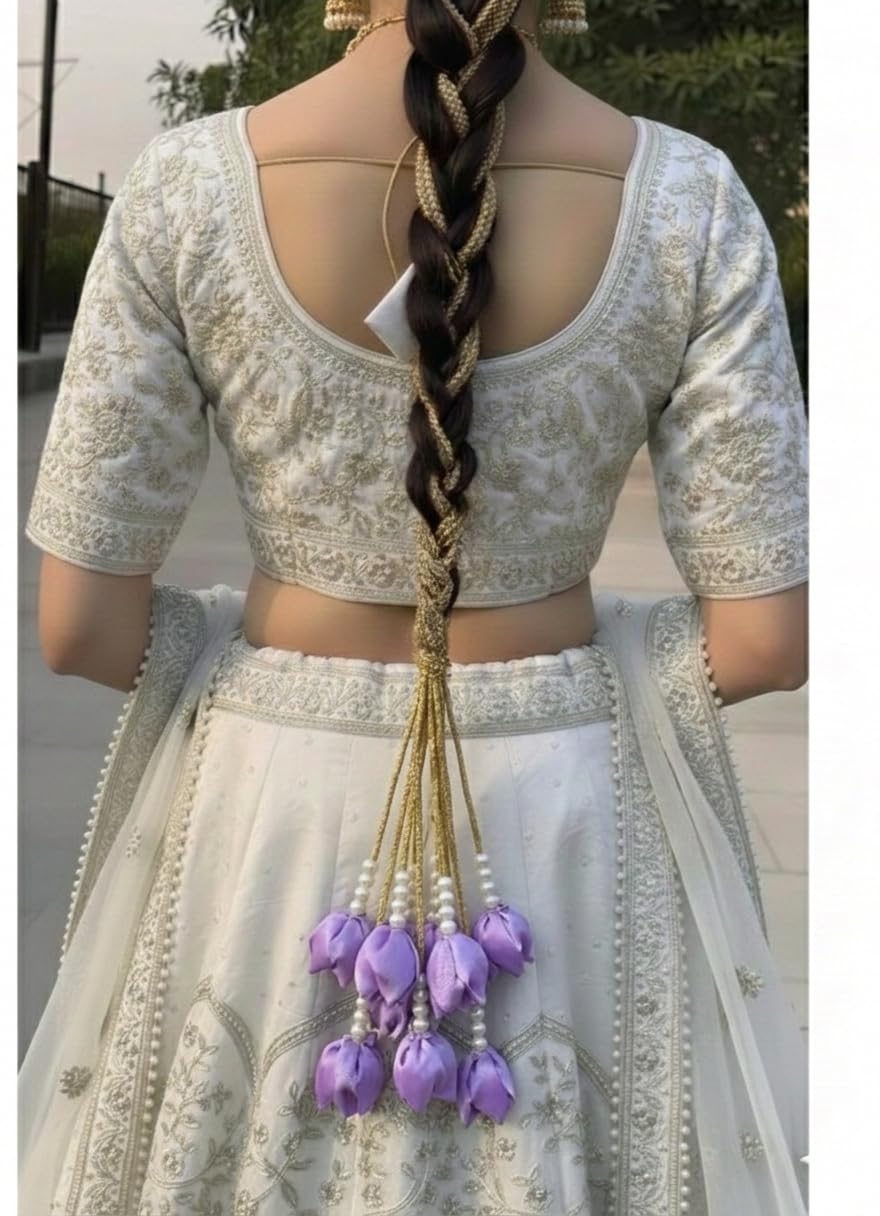 Tulip Hair Paranda For Women | Pearl And Artificial Flower Punjabi Style Hair Accessories | Long Length 25 Inch Paranda For Wedding Marriage Engagement Functions (Purple)-image-42
