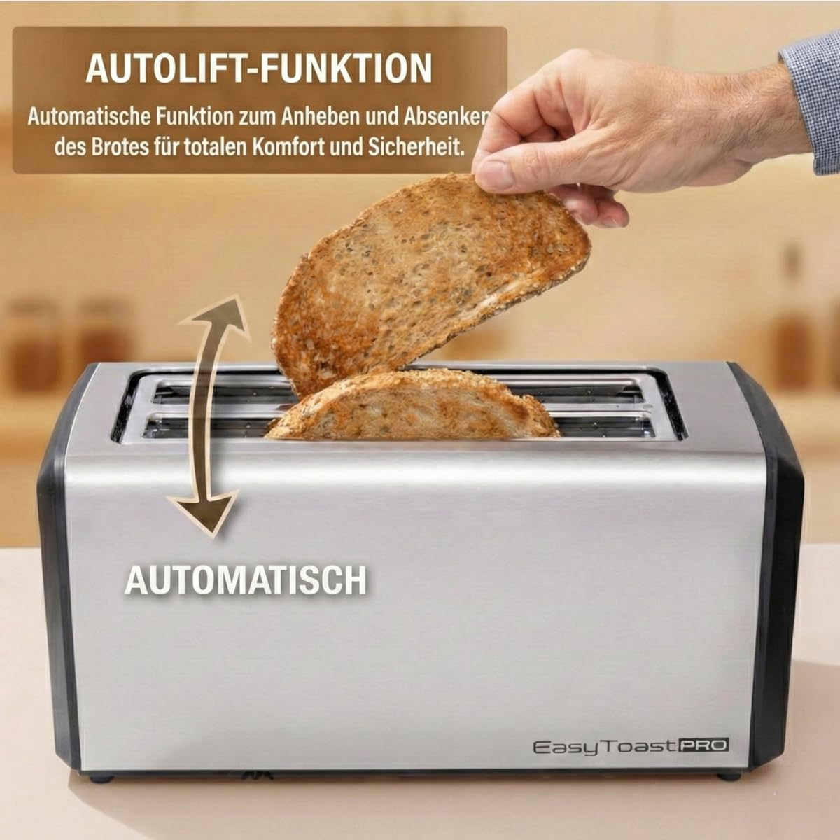 Digitaler Langschlitztoaster mit Touchscreen, Auto-Lift Toaster Edelstahl, LED-Countdown, 1500W, Brötchenaufsatz, 6 Stufen & Auftaufunktion