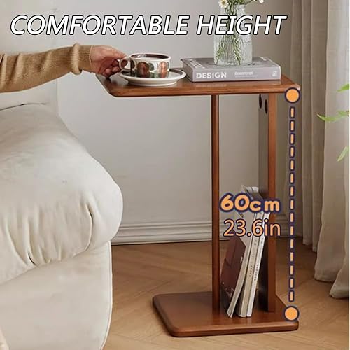 Miniatura 3 de Mesa Auxiliar En Forma De C De Madera De Caucho, Mesa Auxiliar Pequeña Con Bandeja Para TV Para Sofá, Sala De Estar, Dormitorio, Mesa De Sofá