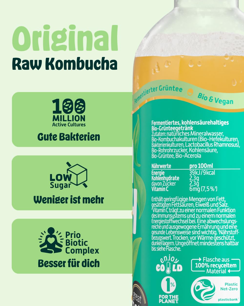 KOMBUCHERY® Original Raw Kombucha BIO | 12 x 400ml | Fermentierter Tee mit aktiven Darm-Kulturen | Zuckerarm & Kalorienarm | Unpasteurisiert, PrioBiotic, Vegan, Testsieger | inkl. 3€ PFAND