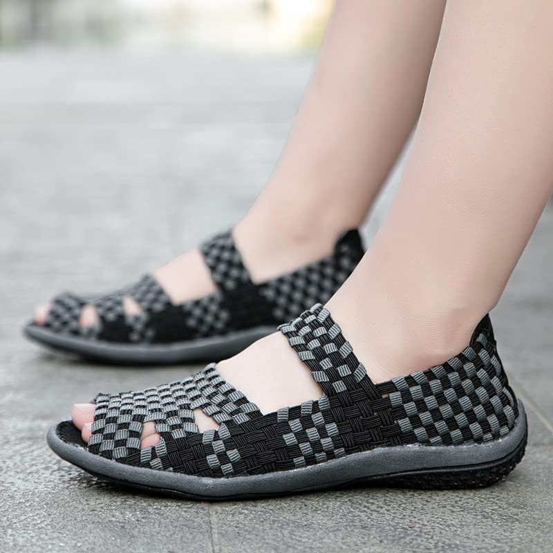 DESESE Womens Elastic Belt Casual Shoes,Elastic Hollow Woven Women's Shoes,Handmade Woven Shoes Fish Mouth Mom Shoes Breathable and Comfortable Fashion Shoes3