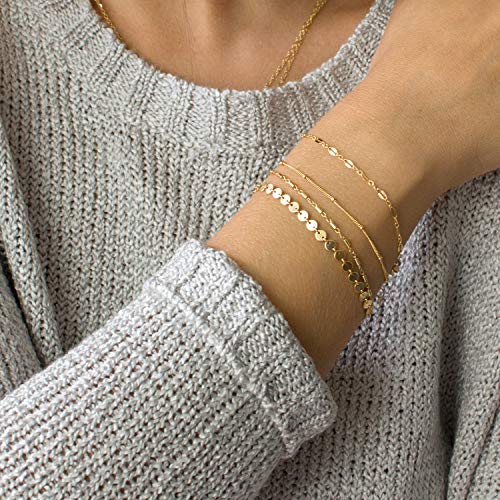 Image of Womens Dainty Gold Chain Bracelet,Simple Layered Chain Bracelets,Beaded Turquoise Bracelet,Charm Crystal Bar,Heart,Karma,Triangle,Pearl Bracelets for Women