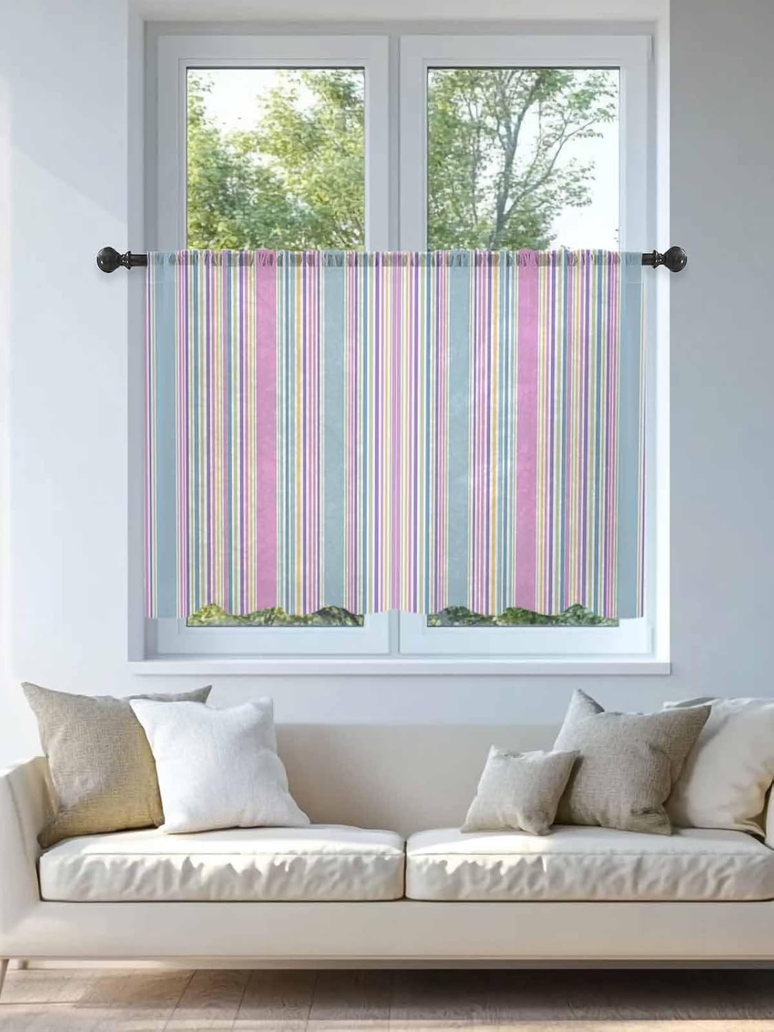Colorful Striped Curtains 54 Inches Long, Kitchen Window Curtains Over Sink, Pink Blue Yellow Abstract Vertical Lines Light Filtering Window Treatment Voile Semi Sheers Curtain Drapes 52"x54"