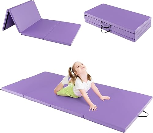 Miniatura 8 de GYMAX Colchoneta de gimnasia, 4 x 8 x 2 pulgadas, plegable, gruesa, con asas de transporte y costuras resistentes, cubierta de piel sintética