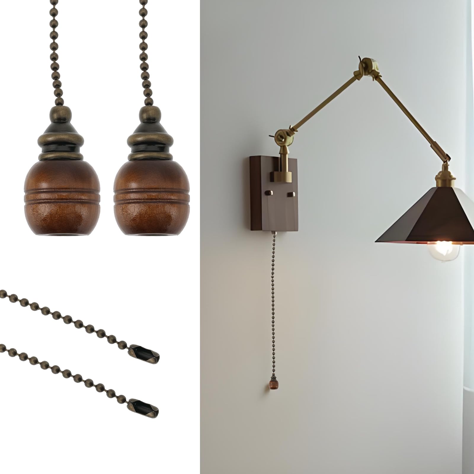 ECSiNG 3pcs 3.9x2.3cm Decorative Wooden Ceiling Fan Pull Chain Extension Bronze 12-Inch 30cm Pull Chains Set for Ceiling Light Lamp Fan - Image 3