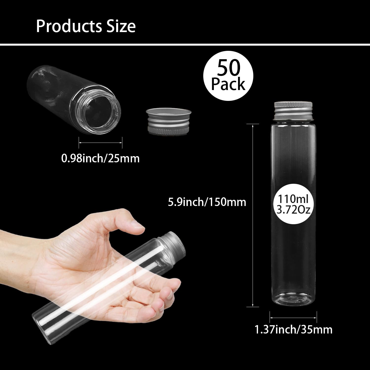 Provette in plastica, confezione da 50 provette da 115 ml, provette piatte in plastica con tappi a vite, 30 x 150 mm, imbuti inclusi, grandi contenitori riutilizzabili per sale da bagno, conservazione