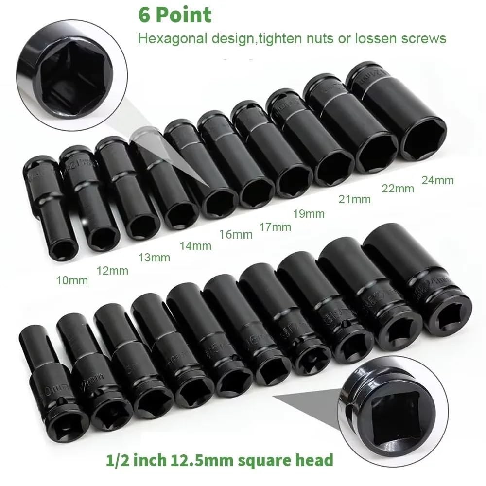 10 pz Set di bussole a percussione 1/2" chiave metrica profonde 10-24mm testa della pneumatica strumenti Set di prolunghe