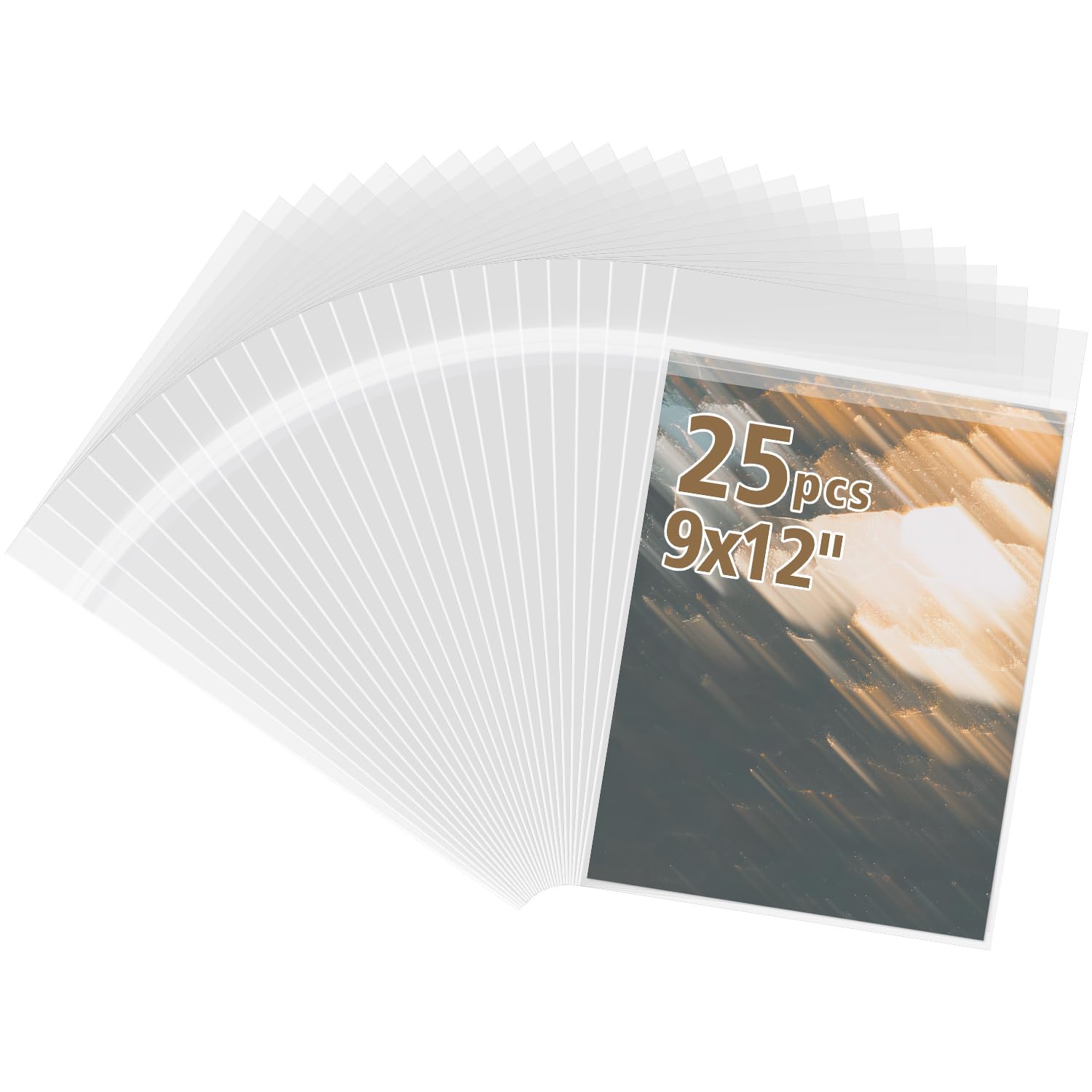 Frametory, 25 Pack 9 7/16"x12 1/4" Acid-Free Clear Plastic Bags, Self Seal Crystal Photo Sleeves for 9X12 Framing Mat Mattes, Prints, A4 & Letter