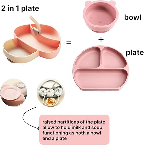 Miniatura 3 de AHOTA Silicone Suction Plate for Toddlers, Spoon, Fork, Baby Eating Essentials, Toddler plate and Utensils Set(Silicone Baby Feeding Set - Pink