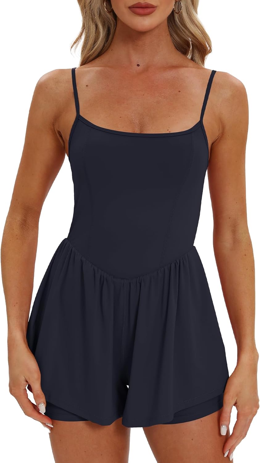 Beaully Women's Summer Sleeveless Athletic Rompers Spaghetti Strap Double Lined Shorts Jumpsuit One Piece Outfits