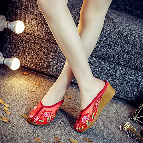 Qhome Women's Chinese Floral Embroidery Net Yarn Silk Comfortable Casual Mules House Wedge Slippers Shoes4