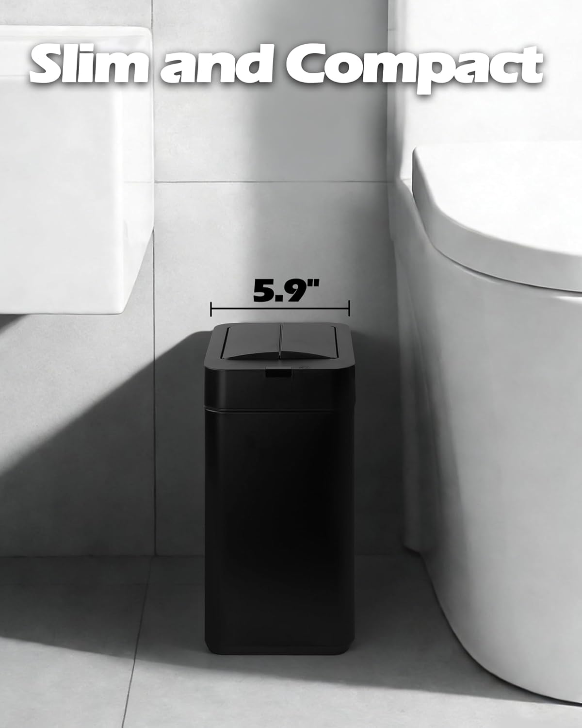 ELPHECO Bathroom Trash Can with Lid 2.6 Gallon Smart Trash Can Slim Motion Sensor Garbage Can Automatic Stainless Steel Wastebasket Bathroom Decor for Bedroom Office Toilet Black
