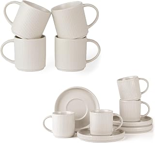 famiware Coffee Mug Set for 4 (12 oz) - Espresso Cups and Saucers Set of 4 (3 oz) - Star Stoneware Cups - Matte White
