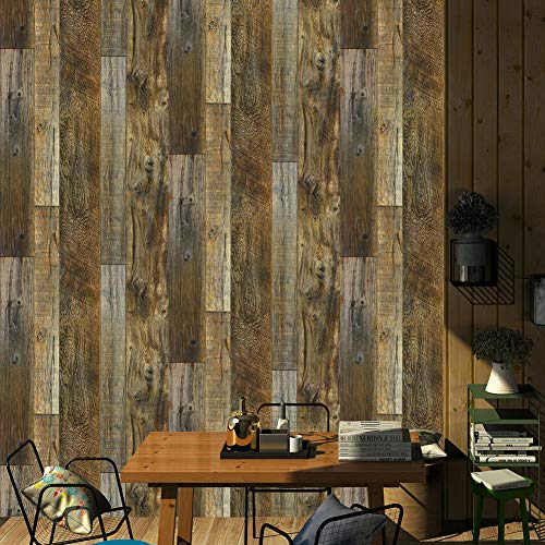 YIFU Life F55 Wooden Texture Wallpaper Rolls, Brown/Tan Wood Plank Kitchen Bedroom Living Room Decoration 20.8