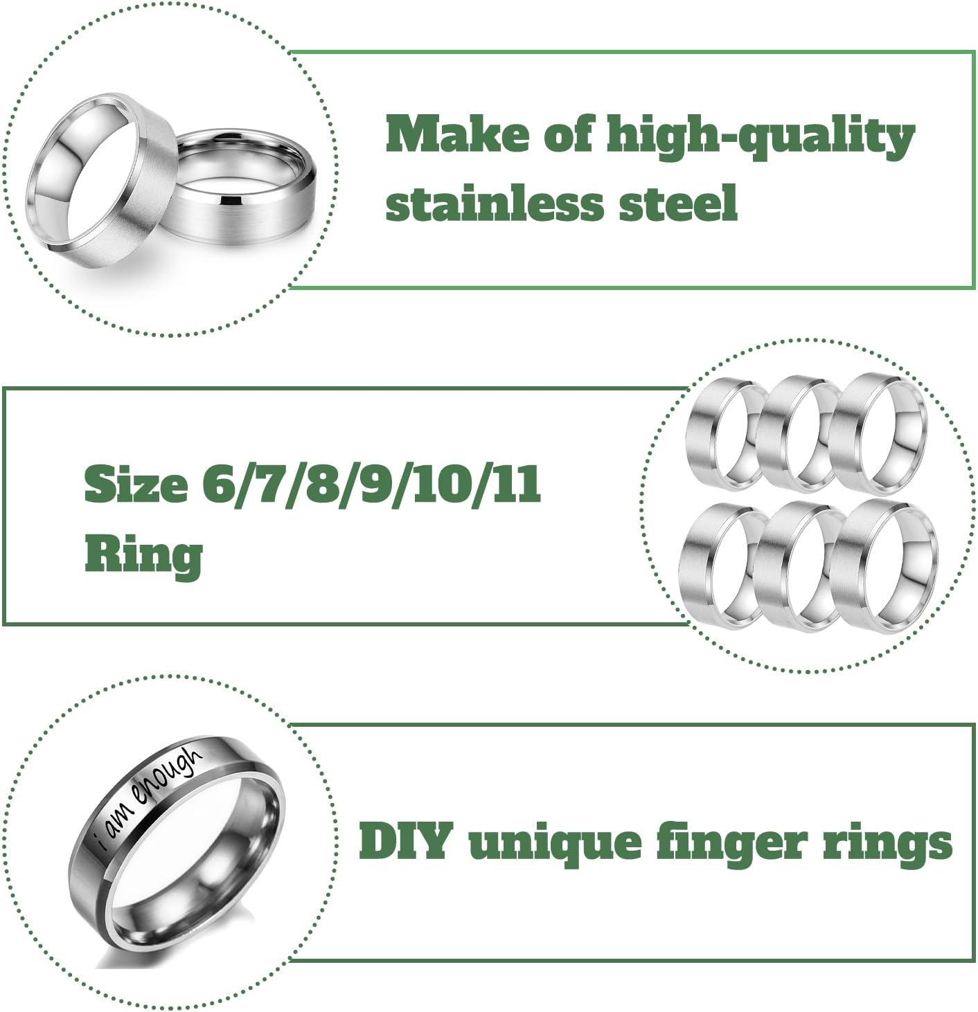 18PCS Stainless Steel Blank Core Ring 8mm Plain Inlay Finger Rings Round Solid Metal Band Size 6/7/8/9/10/11 Comfort Simple Brushed Matte Polished Silver Wedding Ring for DIY Jewelry Making (B1)