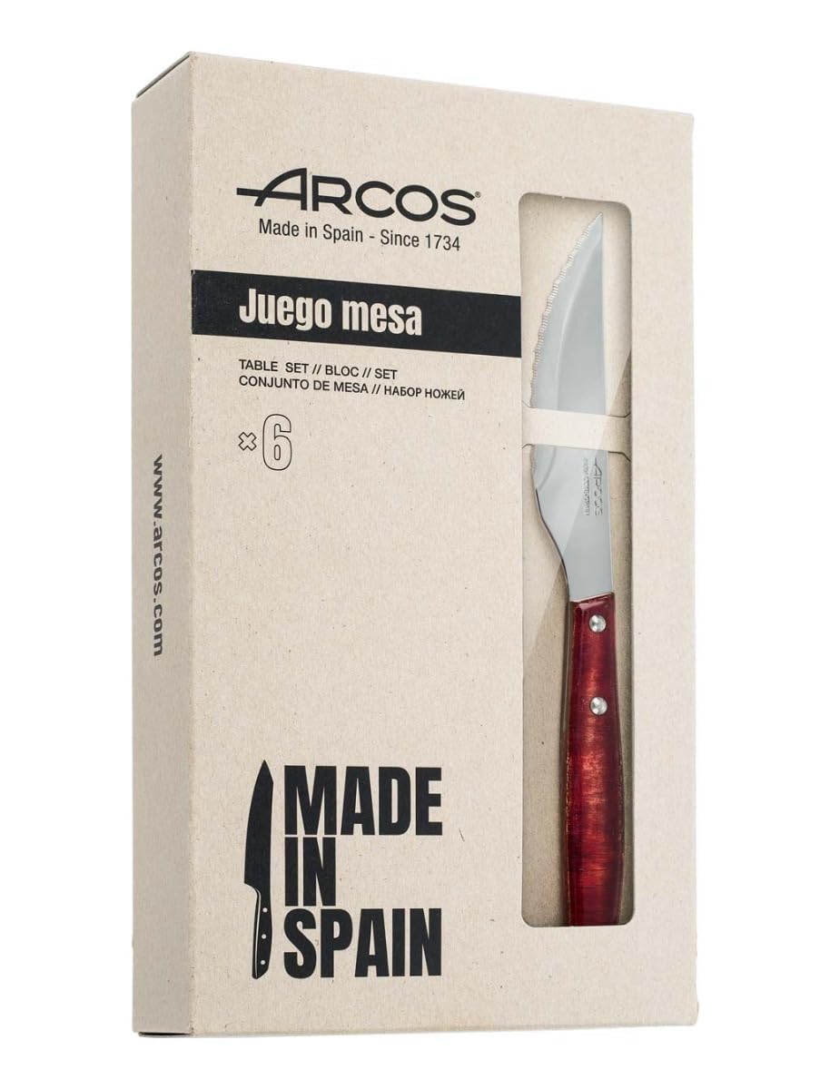 Arcos 4 Inch Steak Knife Set of 6. Pocket Knife Pack with Smooth Edge for Cutting and Fillet Meat. Stainless Steel Blade and Red Compressed-Wood Handle. Brown Color. Series Forest
