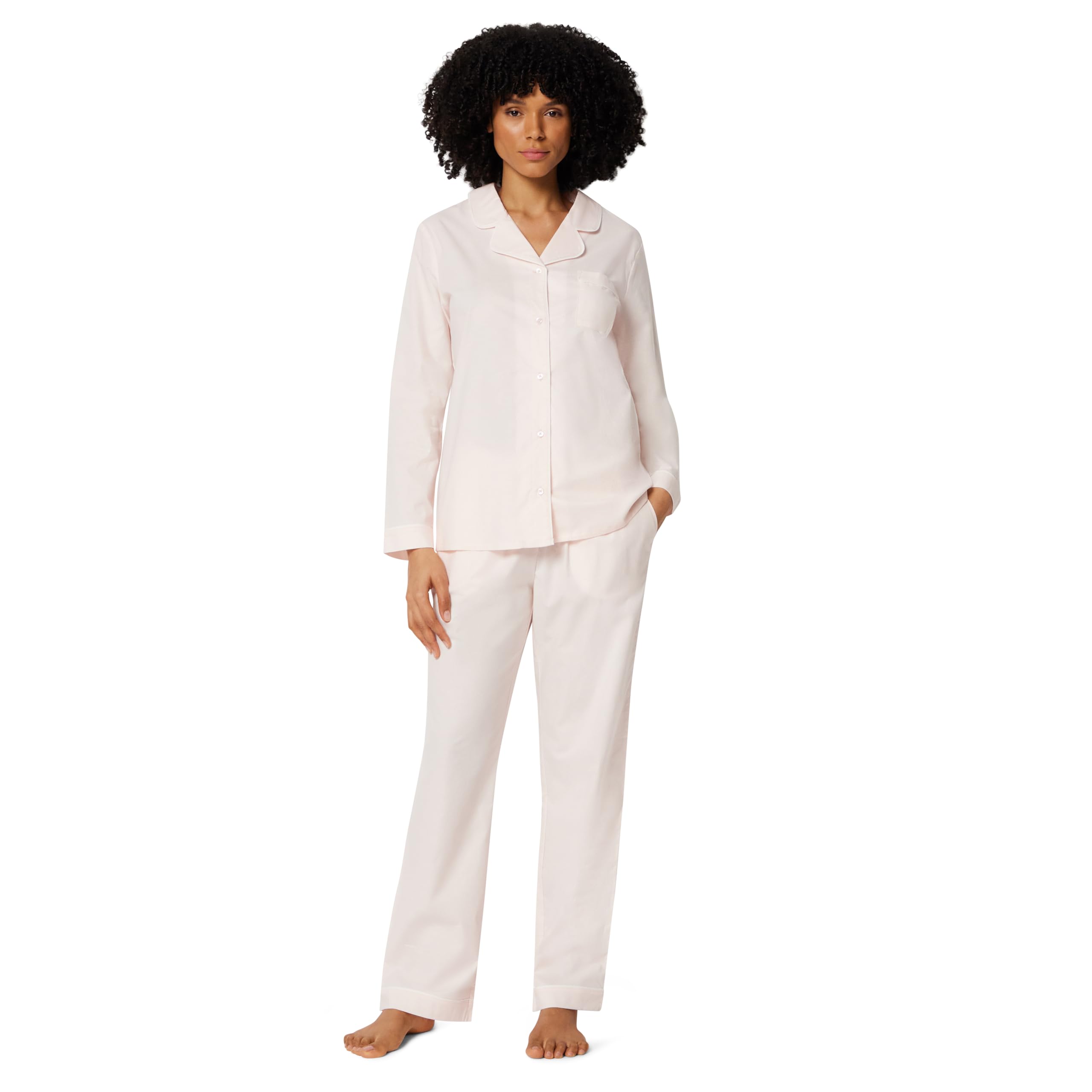 Amazon Essentials Women's Cotton Stretch Poplin Pajama Set, Long Sleeve Button-Down Shirt with Pants, Pale Pink, XX-Large