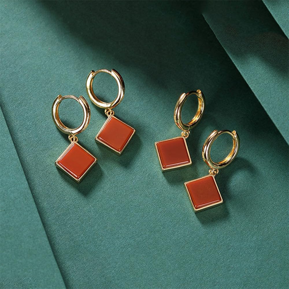S925 Silver And Gold Plated With Natural Southern Red Agate Square Earrings Jade for Women Yoga Genuine 1