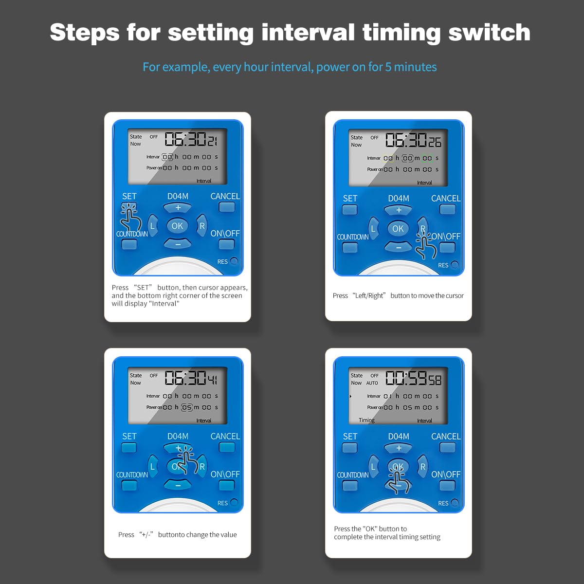 Timer-Steckdose, digitaler Steckdosen-Timer mit Countdown-/Wiederholungszyklus, intermittierender Zeitschalter für den Innenbereich, minimale Einstellung in Sekunden, 110 V/220 V (D04M)