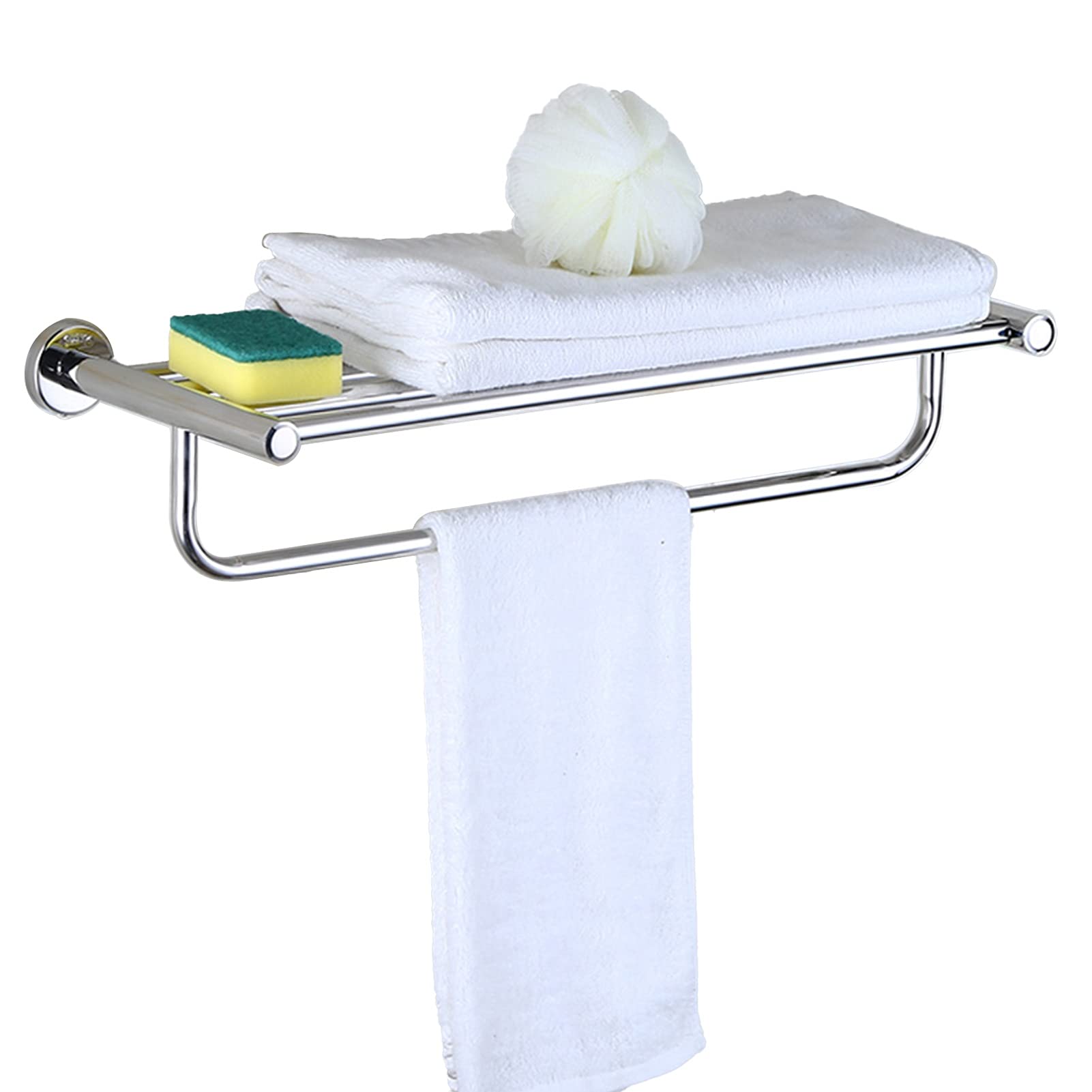 LMYSXAOZ Towel Rack with Storage Shelves, SUS 304 Stainless Steel Small Size Bath Shelf, 40cm-80cm, Wall Mounted Holder for Bathroom Hardware and Kitchen, Polished Silve Finish (Size : 60cm)