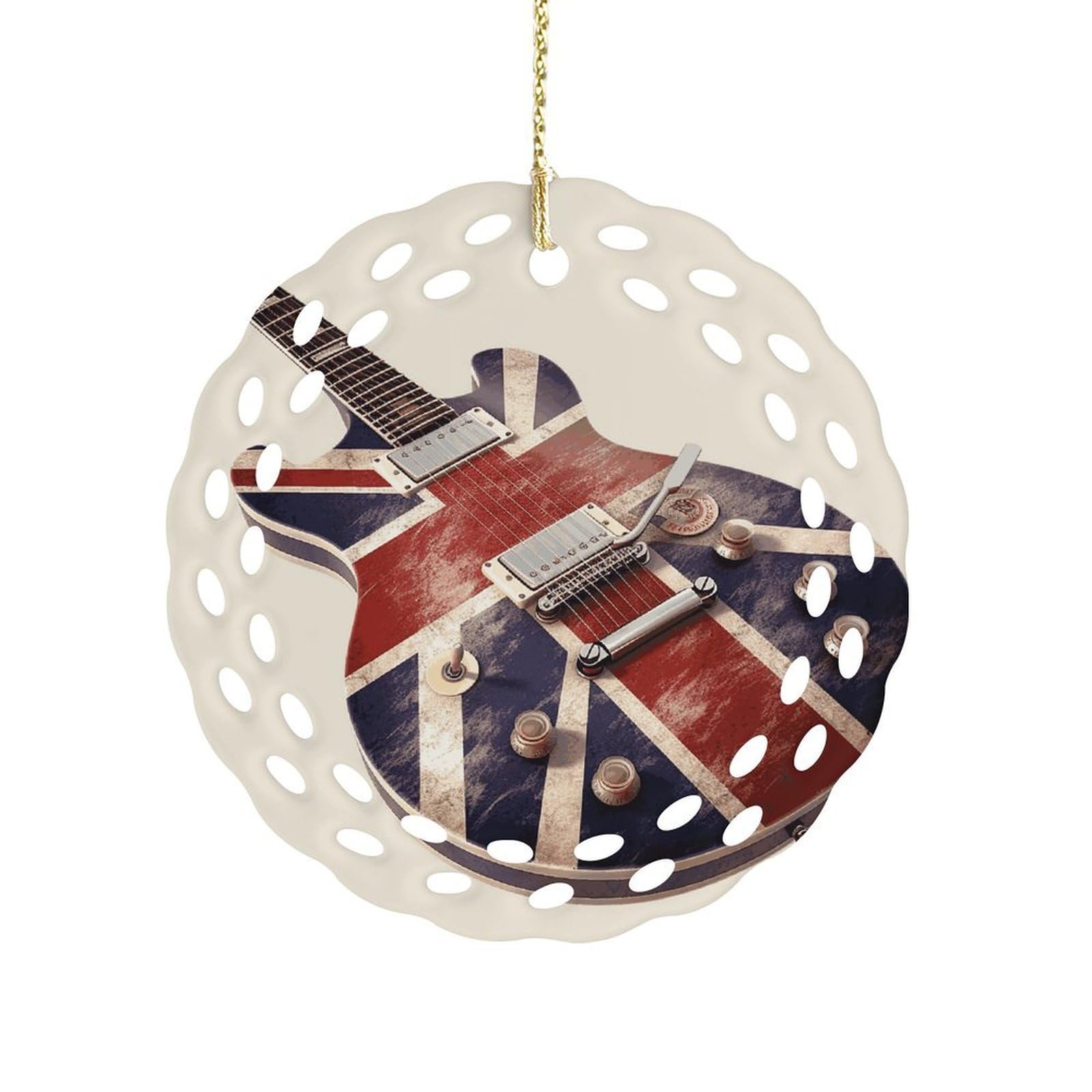 Btcowzrv Style Guitar British Flag Ceramic Ornament,Round Ornaments With Hole Easy To Hang,Hanging Ornament For Wedding Party Home Window Garden Christmas Day Decor