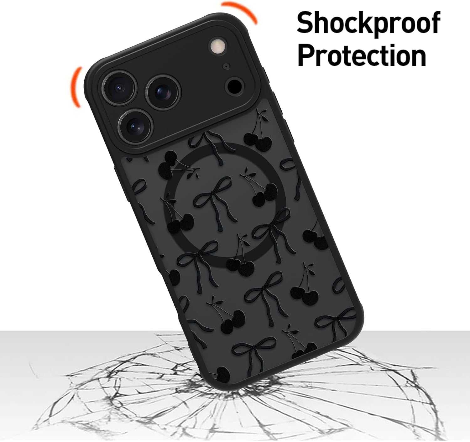 MZELQ Magnetic Case for iPhone 17 Pro Max 6.9 Inch, Clear Bow Cherry [Compatible with Magsafe Charging] Translucent Matte Hard Shockproof Camera Protection Cover for Women Men, Frosted Black
