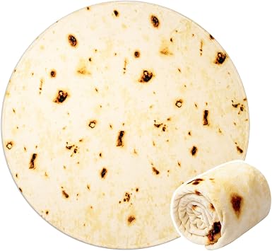 Vessia Burritos Tortilla Queen Size BlanketBeige, 80 inches Giant Realistic Funny Food Blanket for Adults and Kids, Novelty Double Sided Round Tortilla Wrap Decor, Soft Flannel Taco Decor for Bed