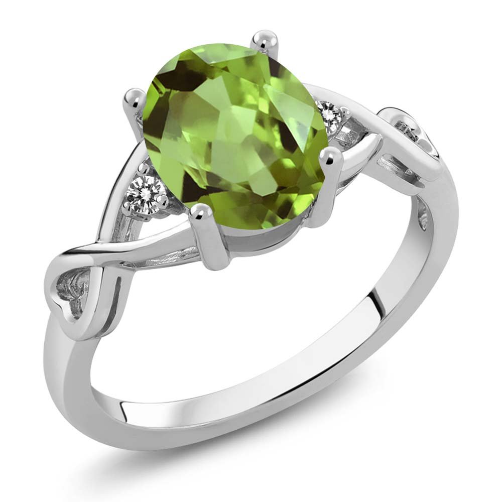 Gem Stone King 1.86 Cttw Green Peridot and White Diamond 3-Stone Ring For Women | 925 Sterling Silver | Gemstone Birthstone | 3 Stone Wedding
