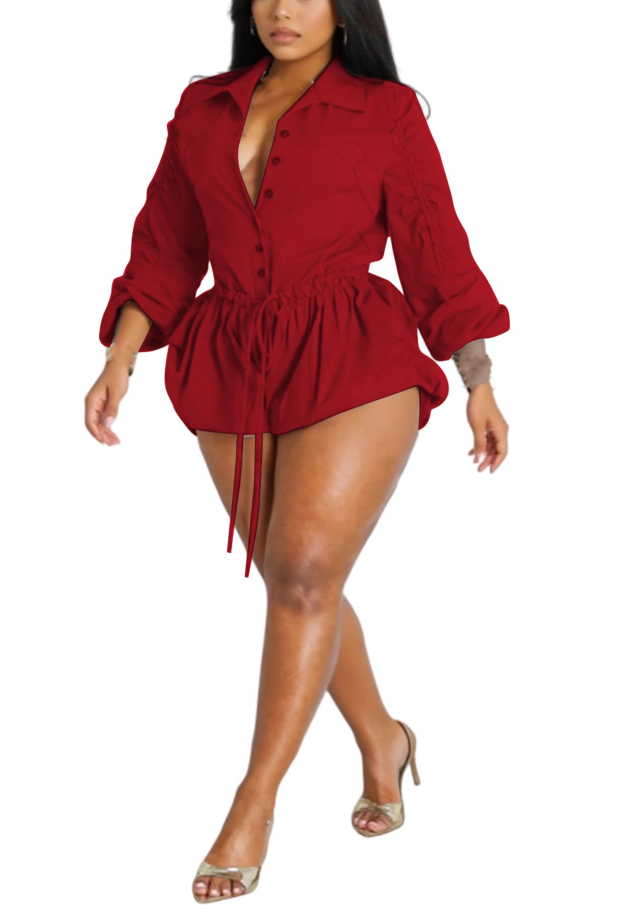 Photo 1 of Unybwonn Women's Bubble Cargo Short Romper Long Sleeve Button Up Ruffle A Line Drawstring Ruched Casual Jumpsuit Overalls