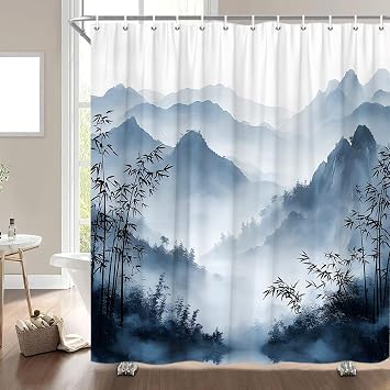 Misty Forest Mountain Shower Curtain Bamboo Leaves Asian Ink Painting Landscape Watercolor Nature Bathroom Decor Set with Hooks 70"x70"