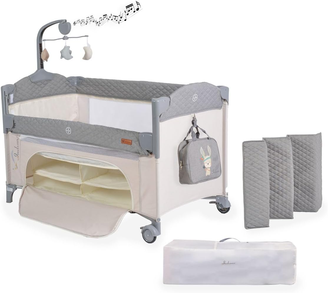 Cangaroo Indiana Travel Cot with side storage open and accessories