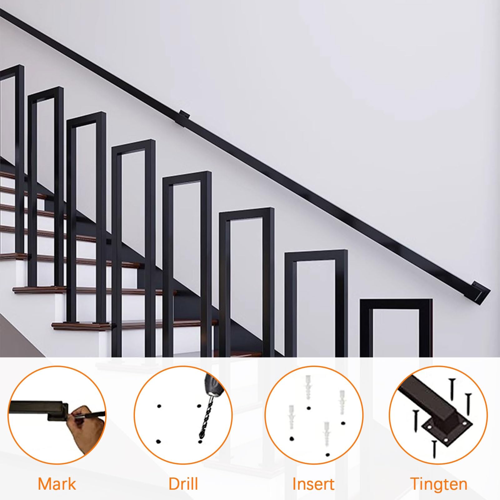 HLTYGWX Kit de Rampe d'escalier Murale Noire pour escaliers intérieurs extérieurs – 8 Pieds/2,4 m