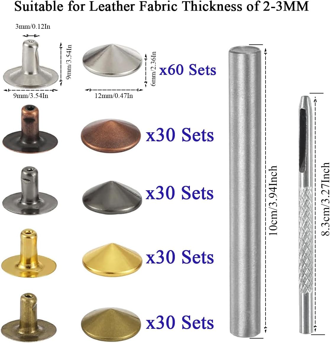 180 Sets 12x9mm Metal Leather Rivets Studs for Clothing, Spikes for Crafts or Rivets for Leather, Fabric, Clothes, Shoe, Handbags, Belt or Decorative