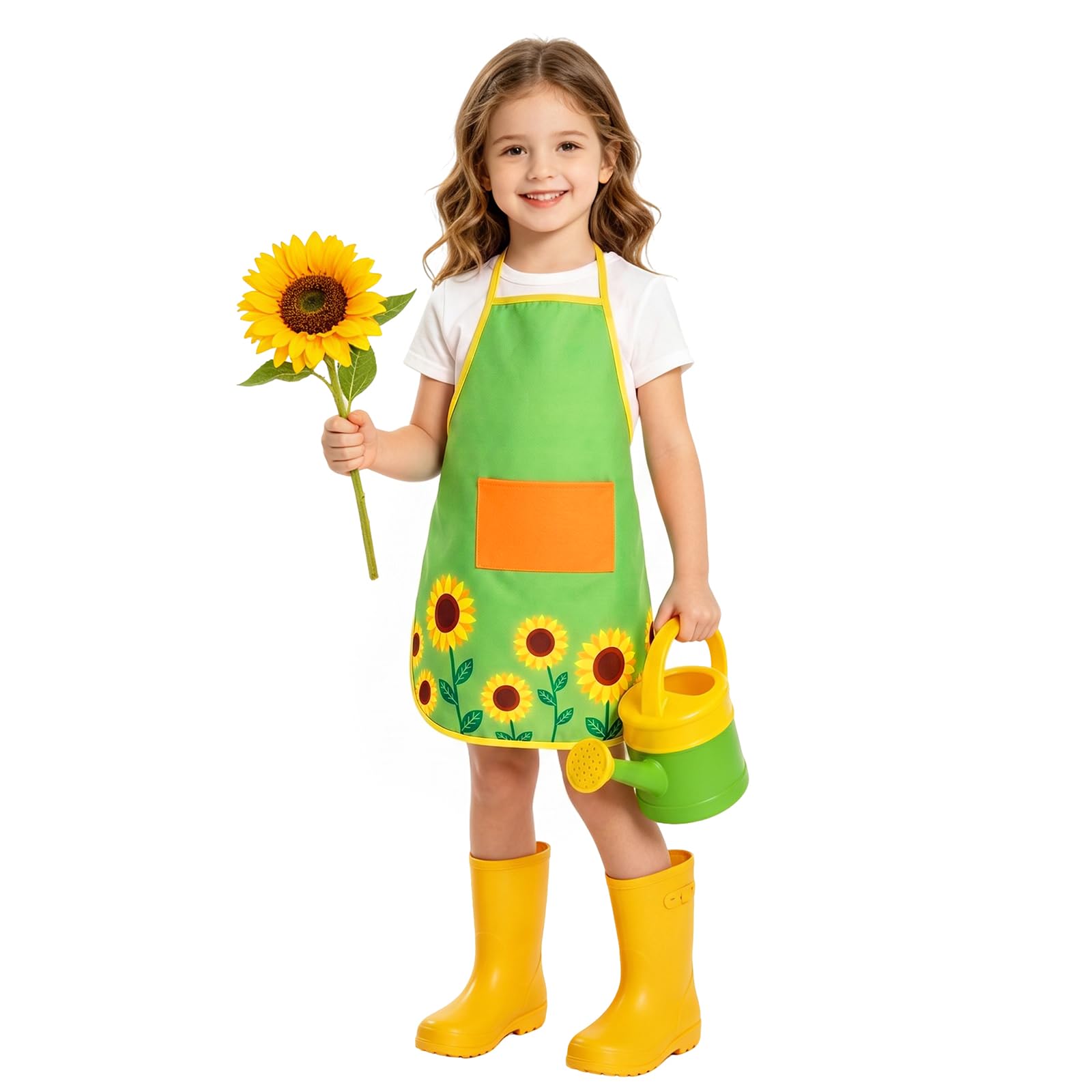 AYBUY Kids Aprons, Adjustable Sunflowers Children's Apron with Pockets, Cartoon Style Child Chef Aprons, Children Kitchen Apron for Painting Baking Artist and Gardening（Style D, Green）